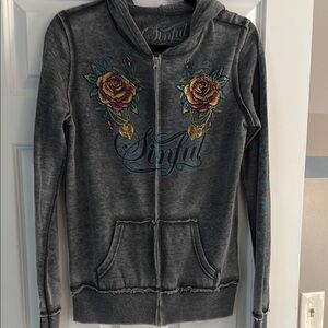 Sinful Charcoal Hoodie with Rose Embroidery
